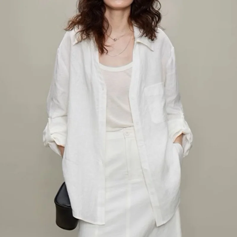 

White Linen Shirt, Women's Summer Thin Shirt, Loose, Turn Down Collar, Cotton And Linen, Sun Protection Top