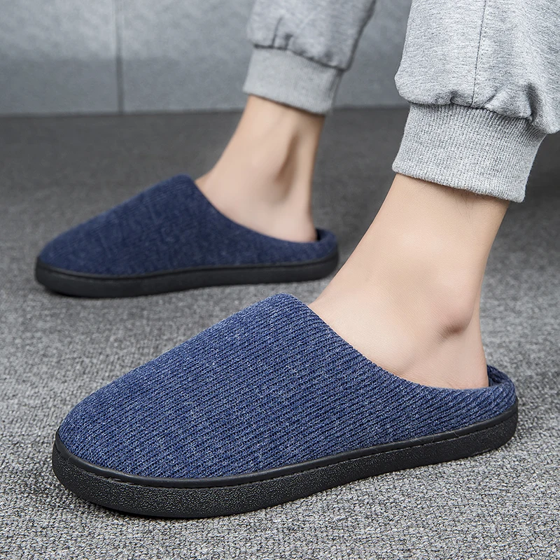 Winter Men's Slippers Memory Cotton Shoe Pad TPR Large Sole Flat Bottom Anti Slip Warm and Comfortable Indoor Knitted Shoes