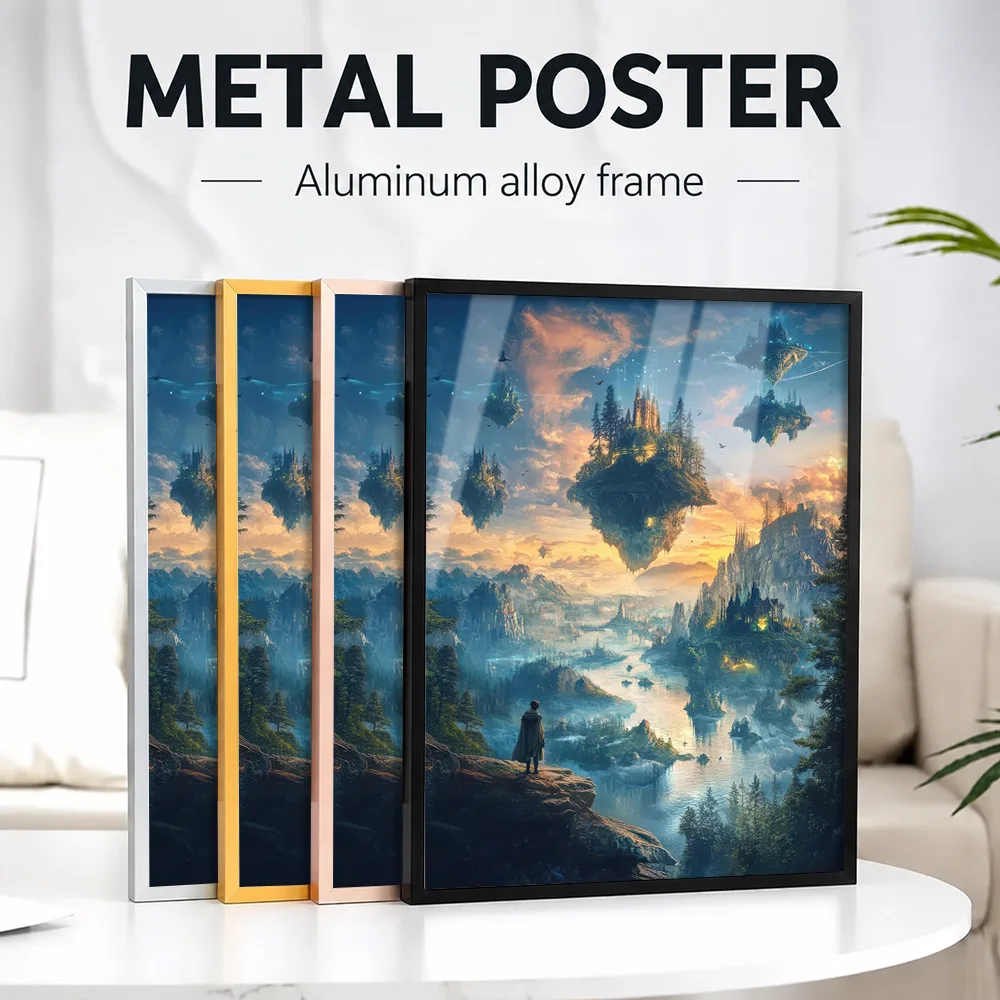 Fantasy Landscape Featuring Floating Islands Framed Metal Print Personalized Photo Mythic Style Wall Art For Study Reader Gift