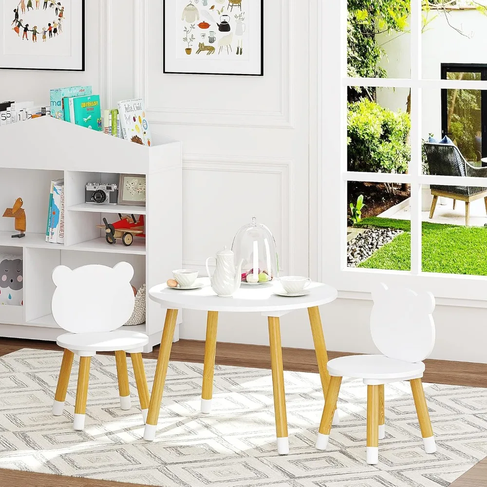 Kids Wood Table and Chair Set, 3-Piece Round Play Table for Toddlers, White Modern Design
