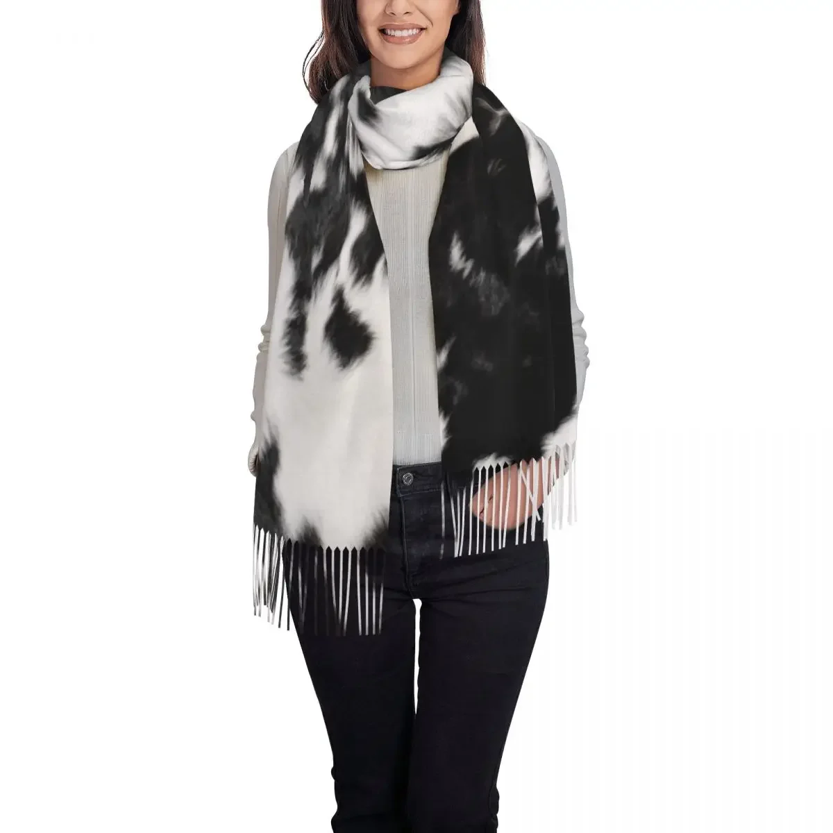 Customized Print Cowhide Leather Texture Scarf Women Men Winter Warm Scarves Animal Hide Shawls Wraps