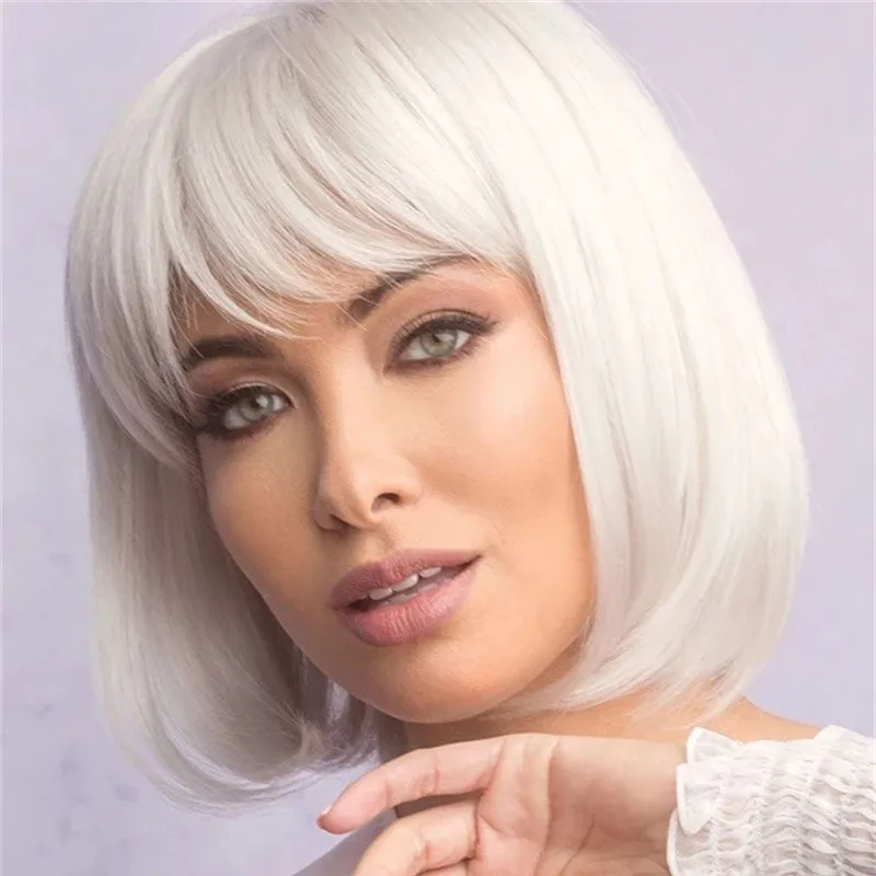 

Серебристо-белый парик-боб с челкой, короткий, прямой, термостойкий, из синтетических волос, естественного вида, на всю голову, для женщин