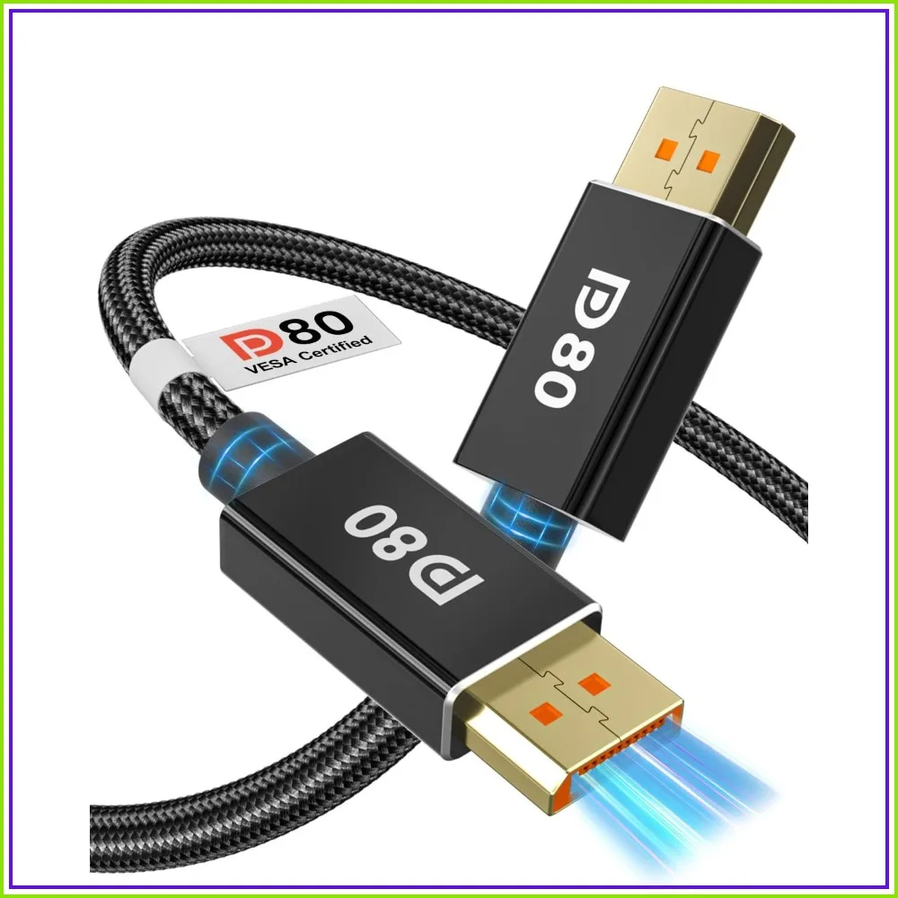 

80Gbps DP 2.1 Cable 6.6ft, VESA Certified, 16K@60Hz 8K@240Hz, Braided, Gold-Plated, for Gaming Monitor