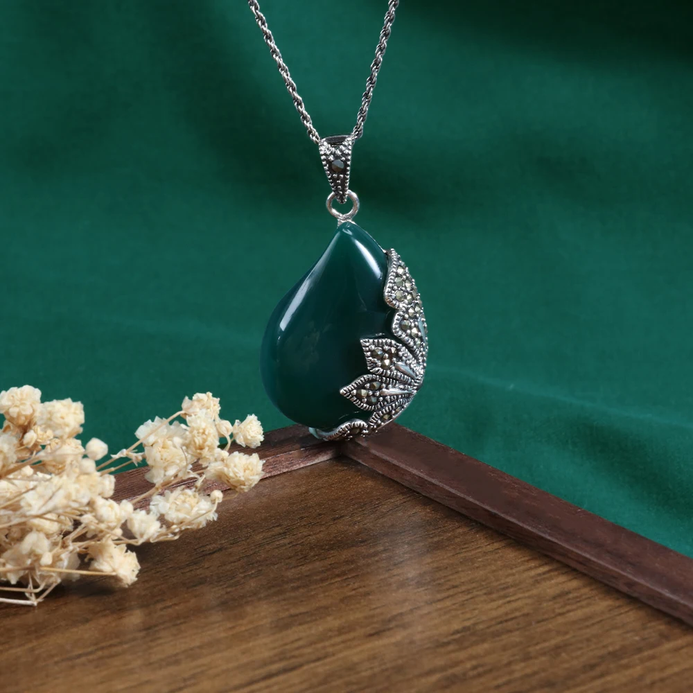  YYSuniee Solid 925 Sterling Silver Necklace for Women Vintage Thai Silver Black Onyx Green Agate Chalcedony Moonstone Pendant