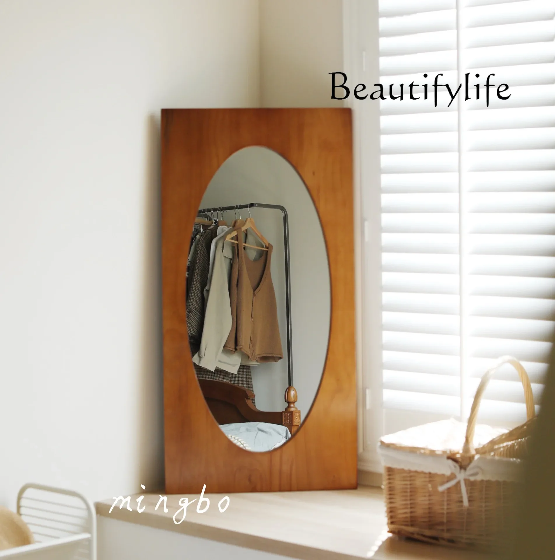 retro full-body mirror solid wood frame oval full-length mirror special-shaped duck egg mirror wall hanging against the wall