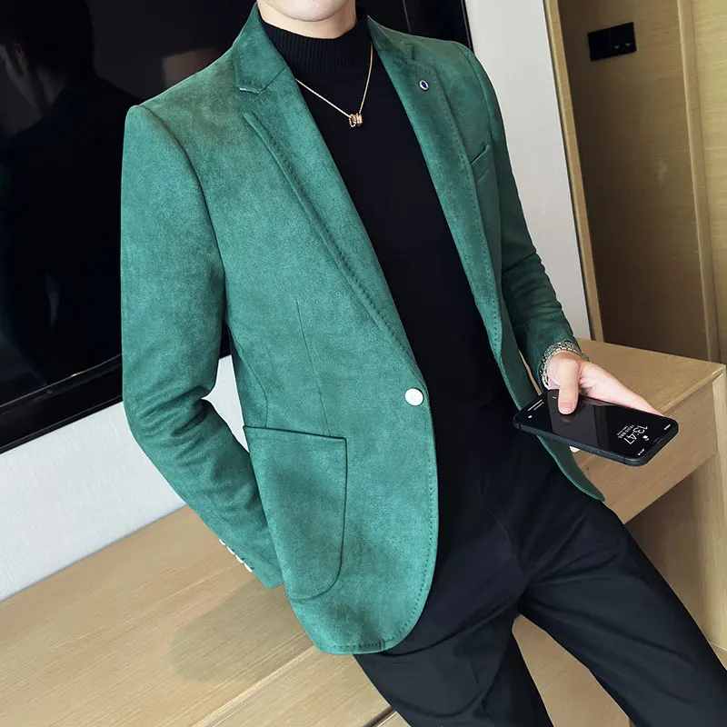 Korean Slim Fit Deer Skin Velvet Business Casual Suit Jacket for Men High Quality Fashion Formal Social XJ652