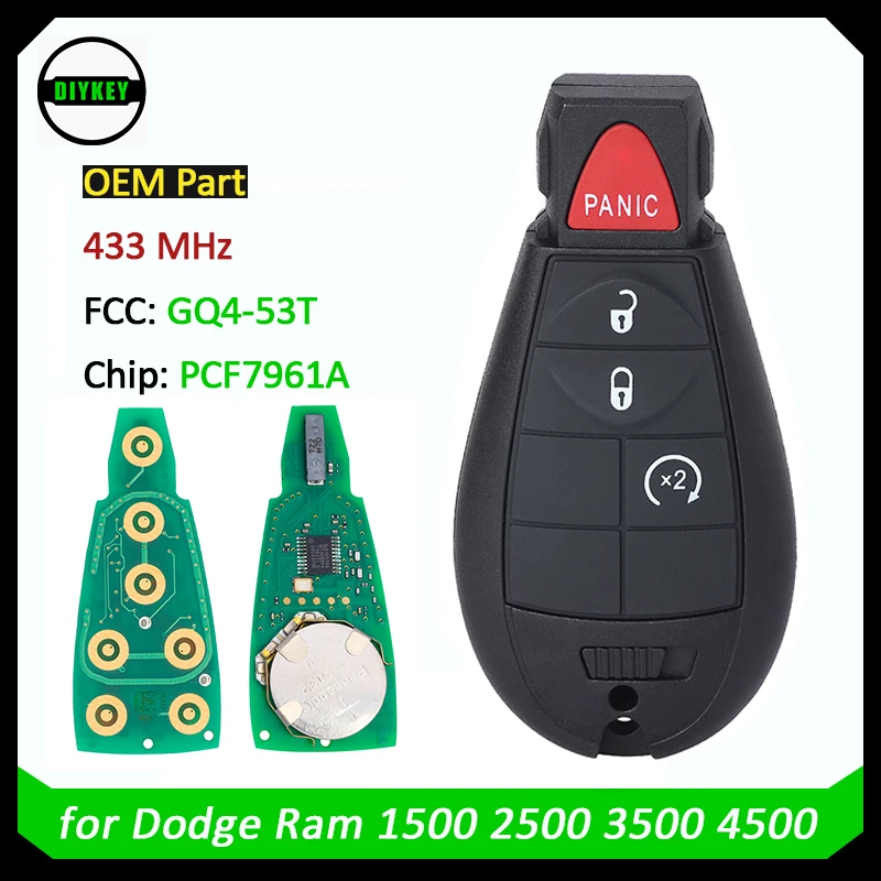 DIYKEY OEM Remote Key Fob 433MHz PCF7961A for Dodge RAM 1500 2500 3500 4500 2013-2020 4 Button Smart Key Fobik GQ4-53T