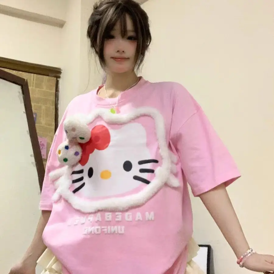 

Sanrio Cute Short Sleeved Internet Celebrity Hello Kitty T-Shirt Loose Design Bow Couple Top Trendy Summer Kawaii Girl Cartoon