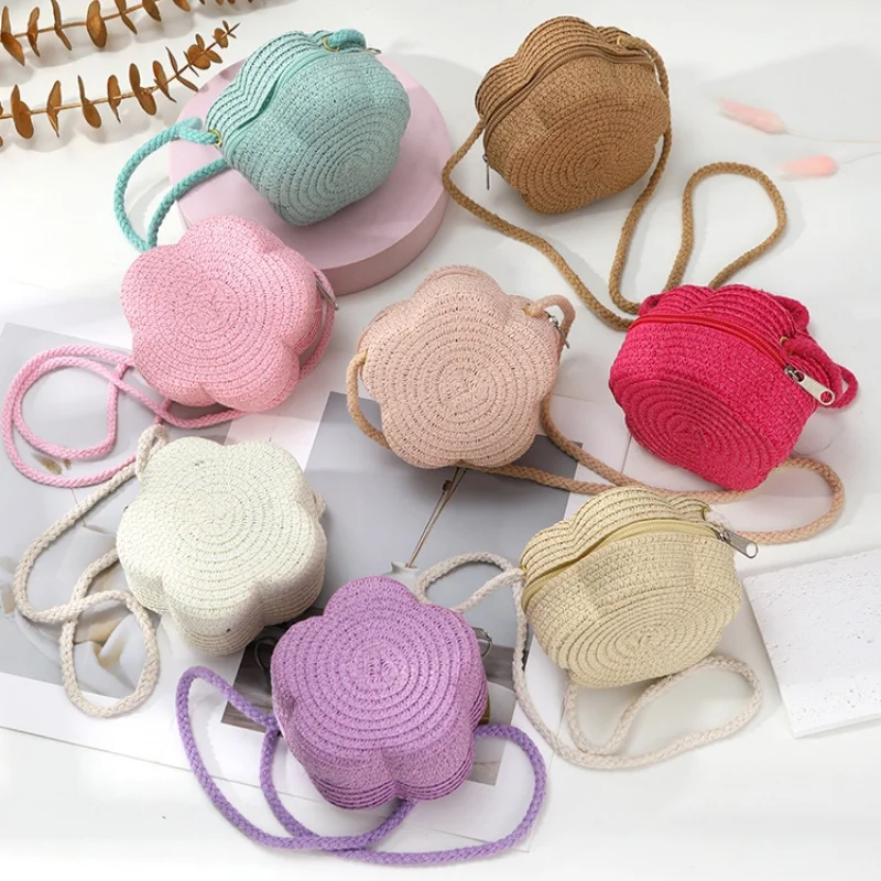 

New Children's Straw Shoulder Bags Beach Bag Coin Purse Kids Flower Woven Crossbody Bag