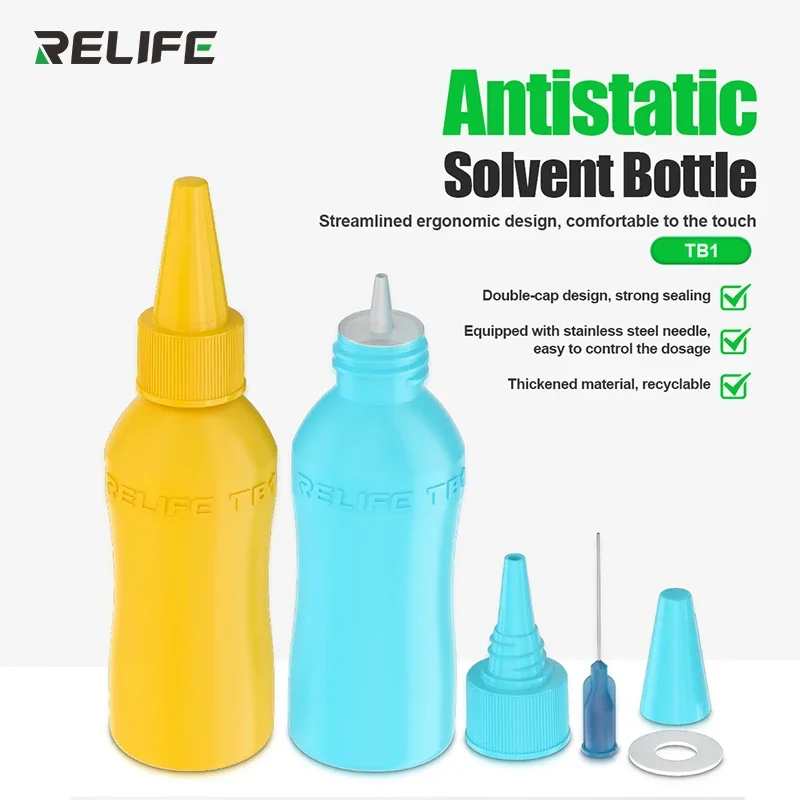 RELIFE TB1 Anti-static Solvent Bottle Double-cap Design, Strong Sealing，Stainless Steel Needle, easy to Control Dosage