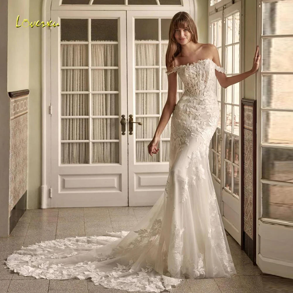 

Loverxu Русалка Сексуальные свадебные платья с вырезом лодочкой и открытыми плечами Vestido De Novia Кружевные аппликации Шикарное свадебное платье на заказ