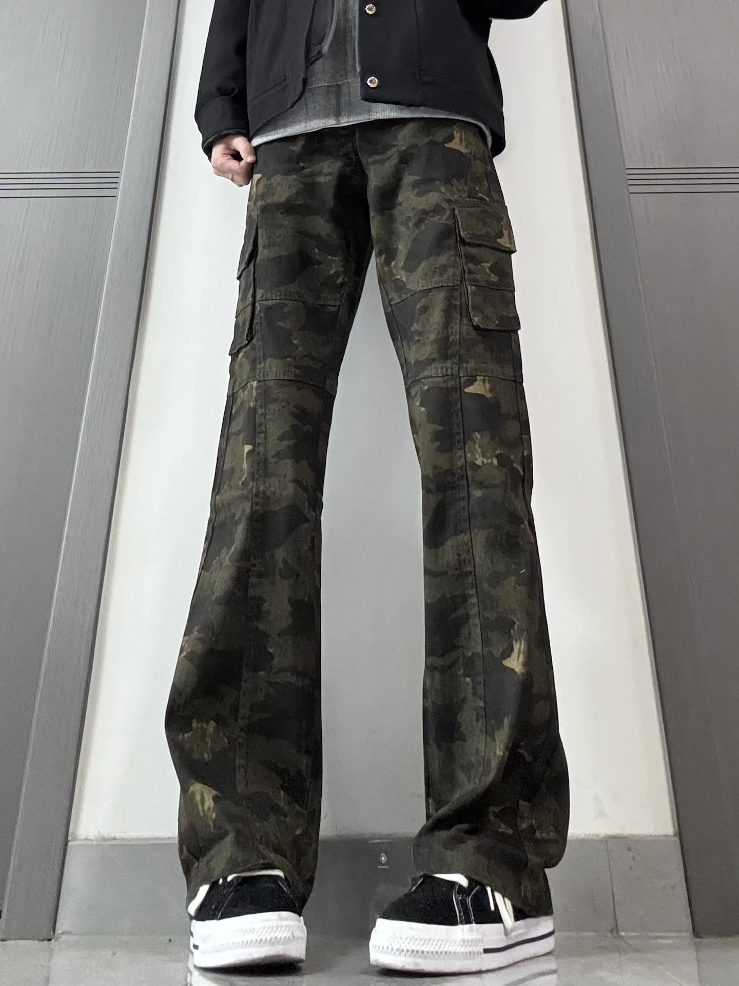 

American Retro Waed Camouflage Men's Jeans Straight Leg Vibe Micro Flared High Street Slimming Workwear Pants