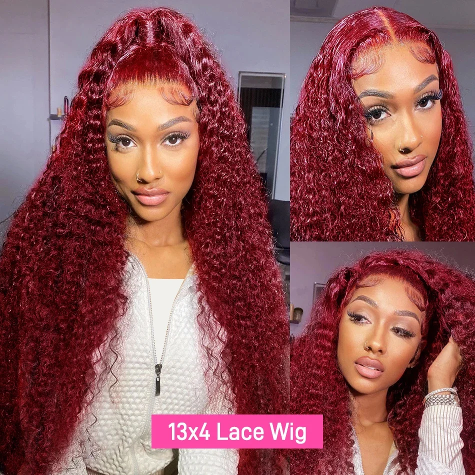 

99J Burgundy Deep Curly 13x4 Transparent Lace Front Human Hair Wigs Red 99J Curly Colored Pre Plucked Lace Frontal Wig For Women