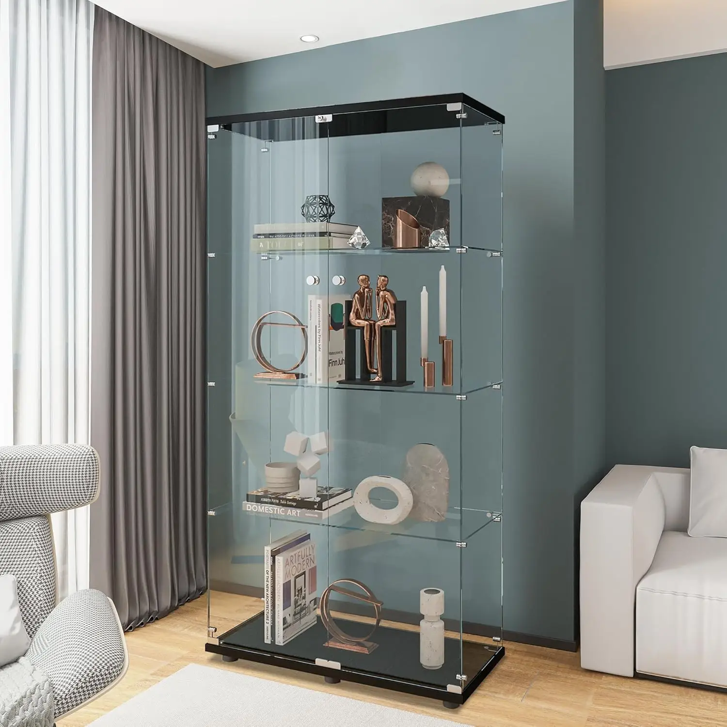 Glass Display Cabinet with 4 Shelves, 2 Doors Curio Cabinets for Living Room, Bedroom, Office, Floor Standing, Customized
