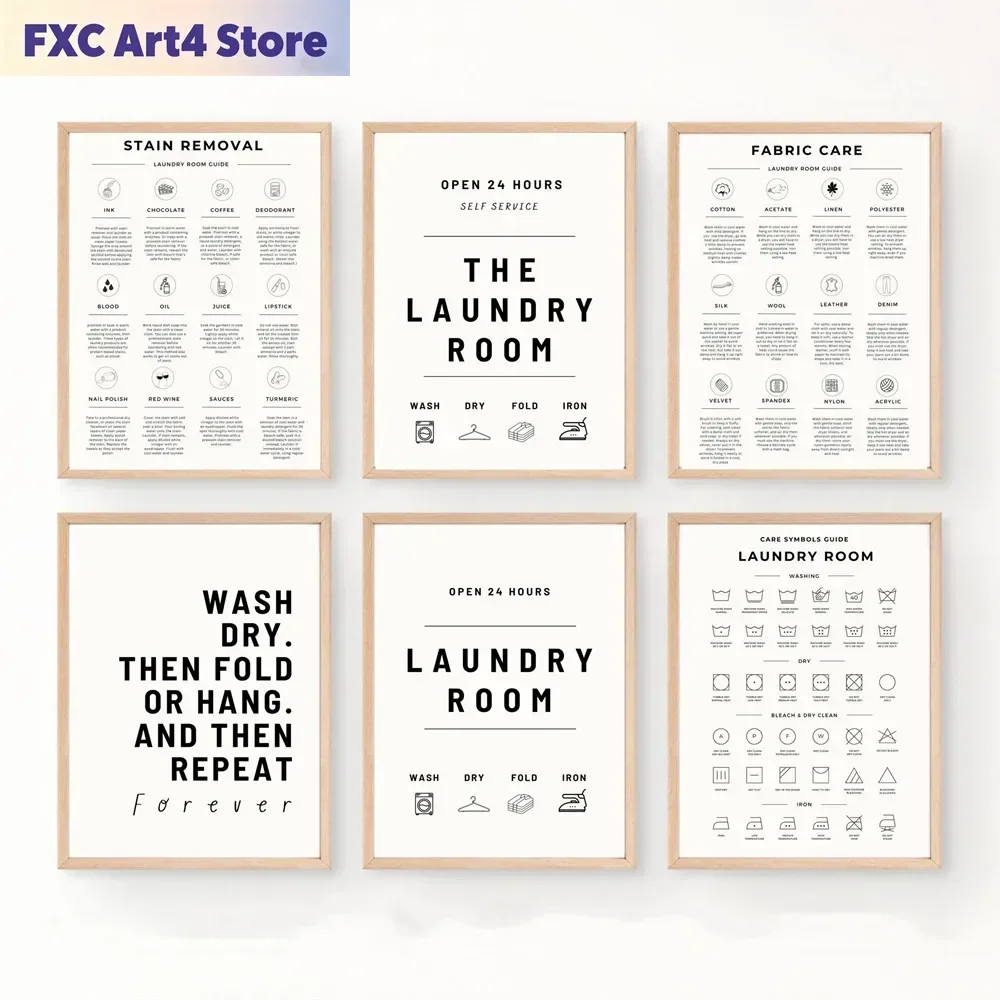 Frameless Minimalism Laundry Symbol Guide Laundry Room Care Poster Print Canvas Painting Wall Art Pictures for Laundry Room Deco