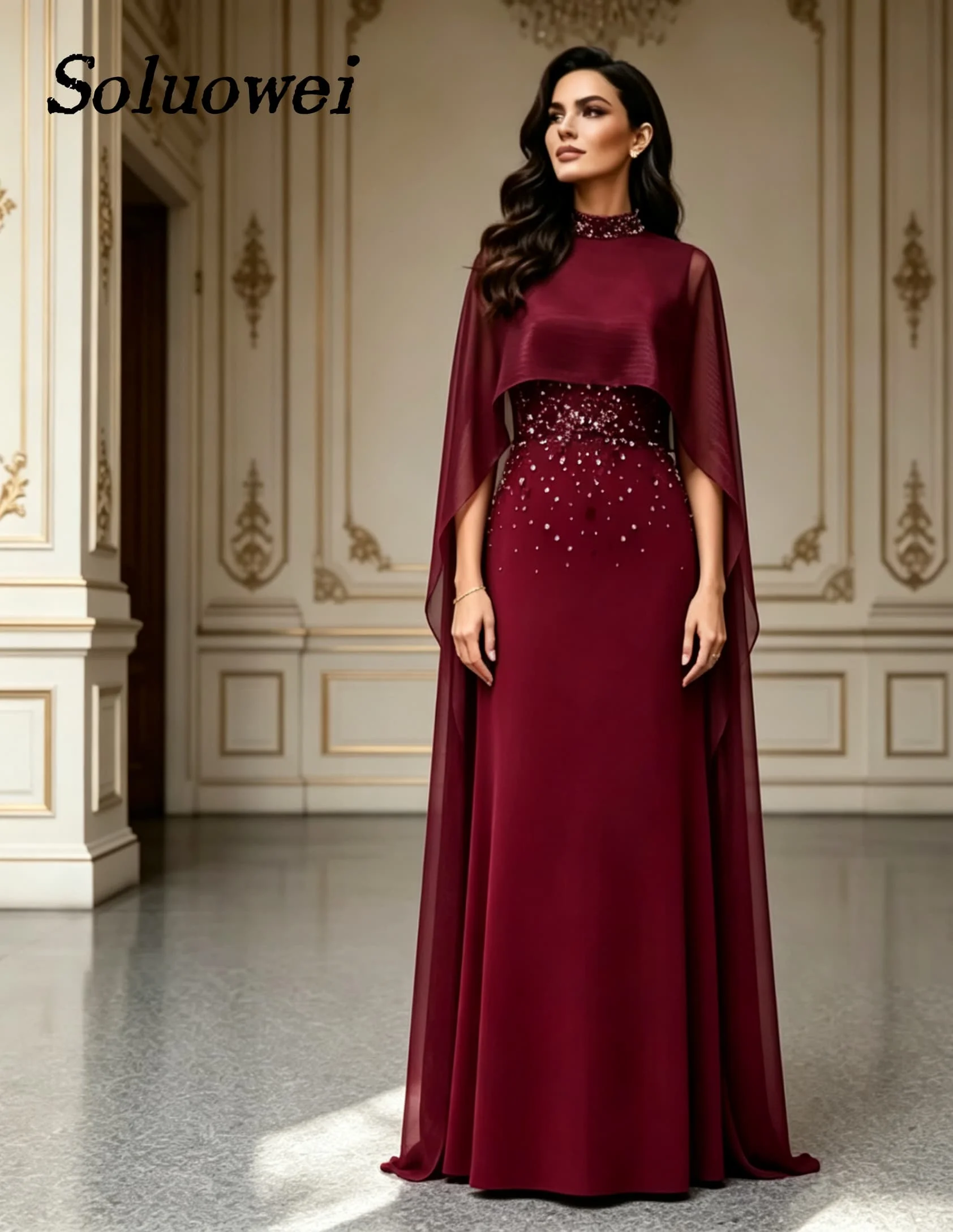 Luxury High Neck Beaded Cape Sleeve Prom Dress Floor Length Sheath Formal Party Elegant Evening Gown Customized Vestido De Festa