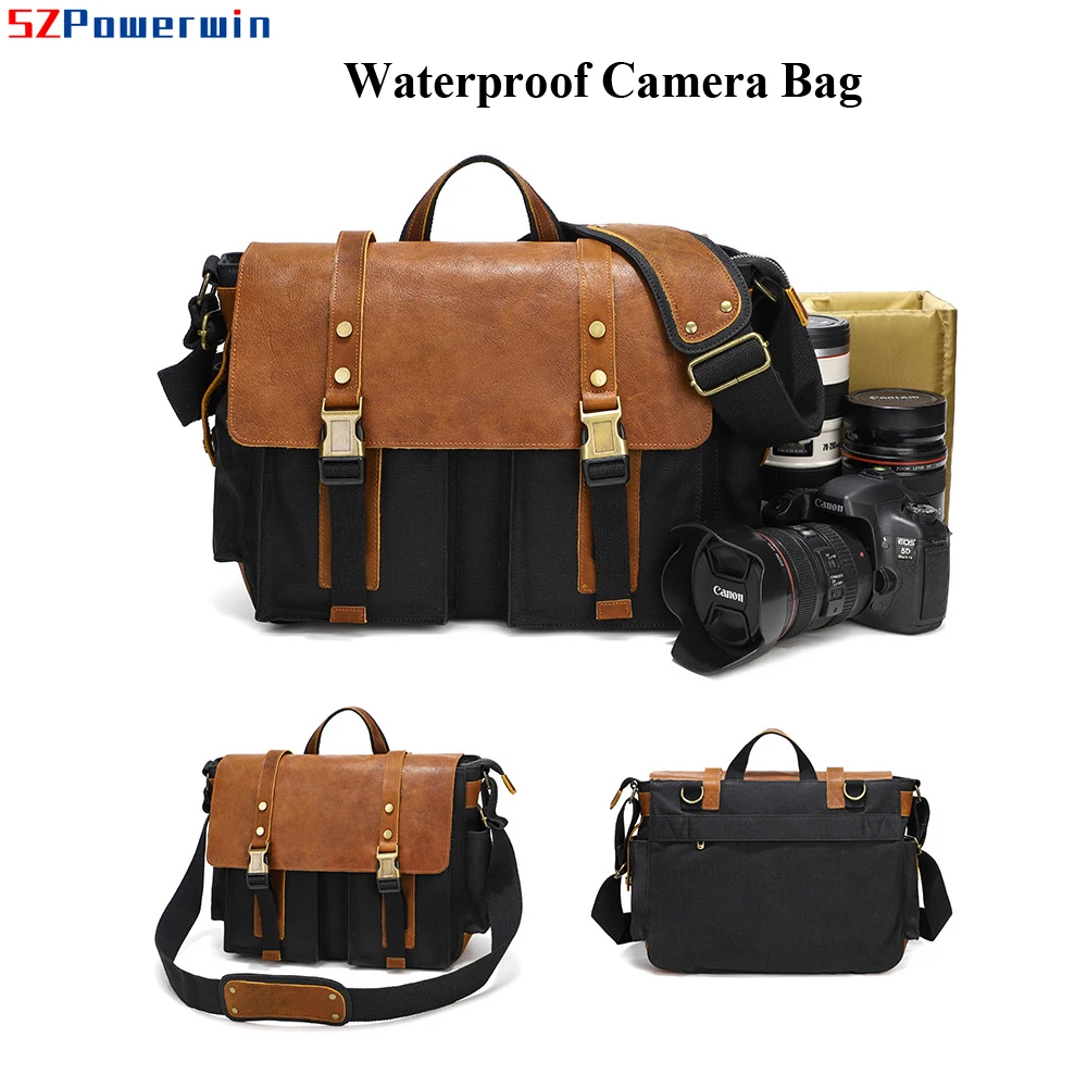 Powerwin Horse Leather Waxed Canvas Waterproof Camera Bag Large Capacity Vintage Shoulder Brief Case Black Green Grey Yellow