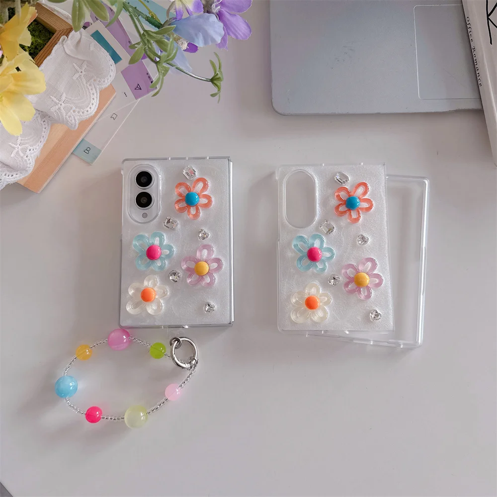 Korea 3D Color Flower Fundas Capa Phone Case For Samsung Galaxy Z Fold 8 Glitter Cover With Candy Beaded Wrist Strap Shockproof