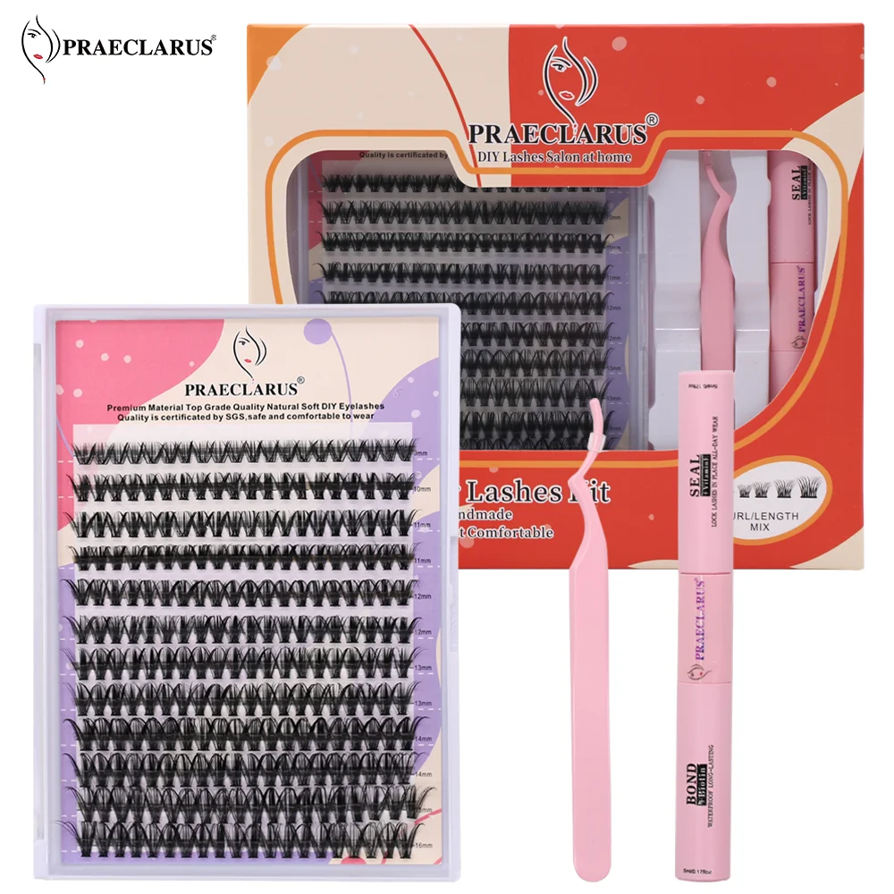 

PRAECLARUS 12Rows(144PCS) DIY Cluster Eyelash Extension Set With Bond&Seal 30D/40D/50D D Curl 9-16mm Mixed Lashes Extension