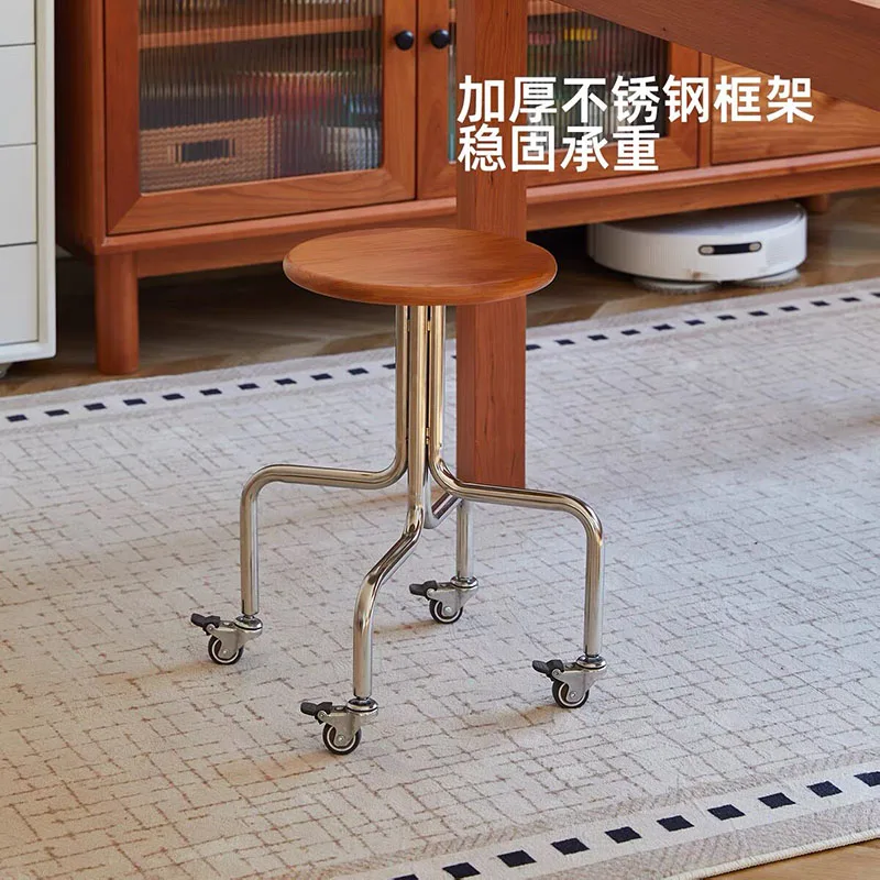 Creative Stainless Steel Solid Wood Caster Stools Removable Low Stools Bar Counter Small Round Stools Bar Chairs With Brakes
