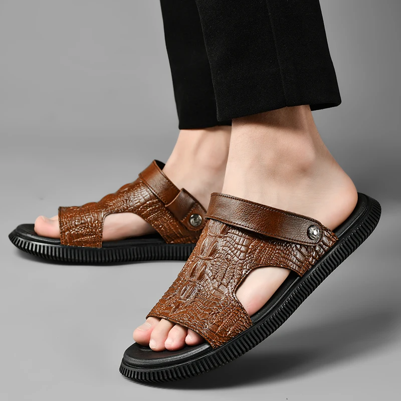 

Fashion Mens Comfortable Soft Soled Two on Set Sandals for Summer Indoor Crocodile Pattern Anti Slip Breathable Cowhide Slippers