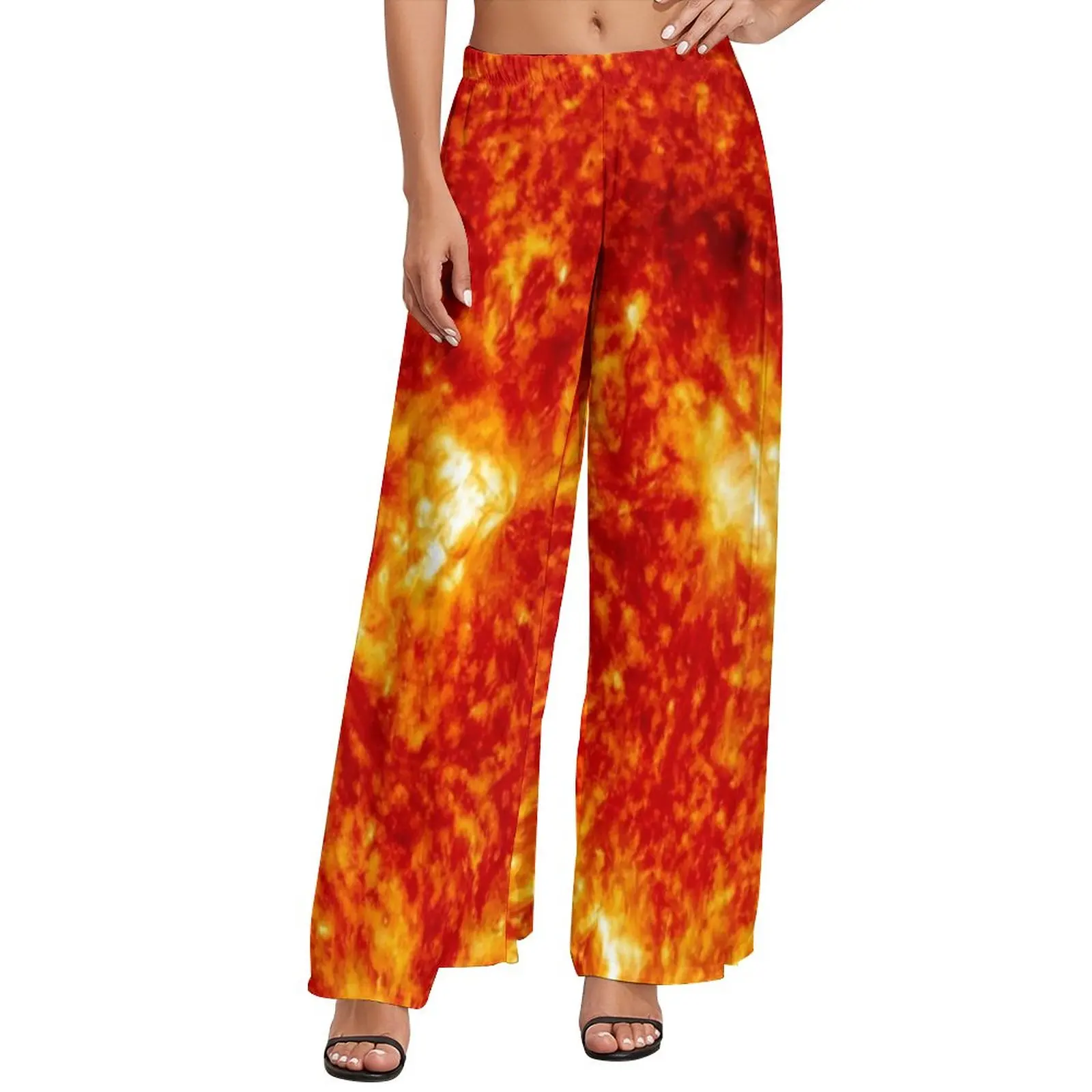 

Sun Print Pants Elastic High Waist Red And Yellow Casual Trousers Street Fashion Pattern Wide Pants