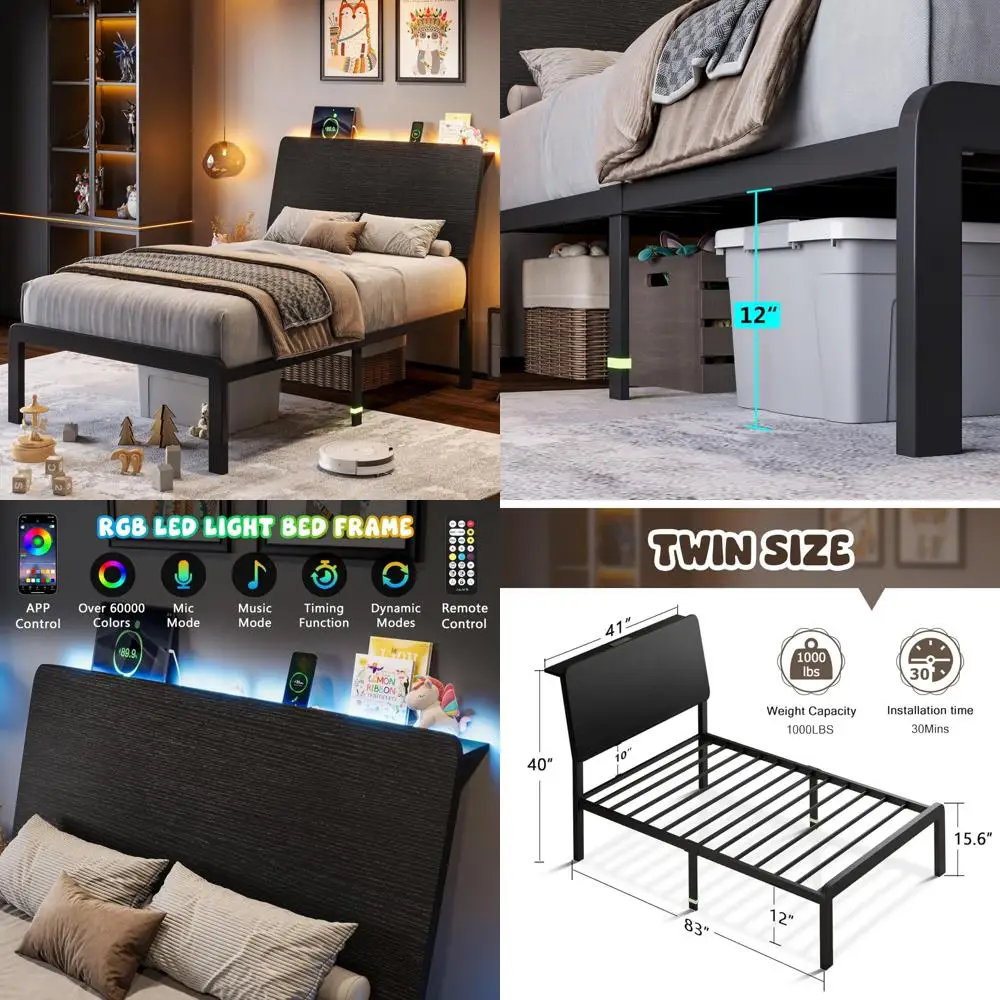

Twin Bed Frame with Ergonomic Wooden Storage Headboard, LED Bed Frame with Charging Station, 12 UnderBed Storage, Heavy-Duty Met