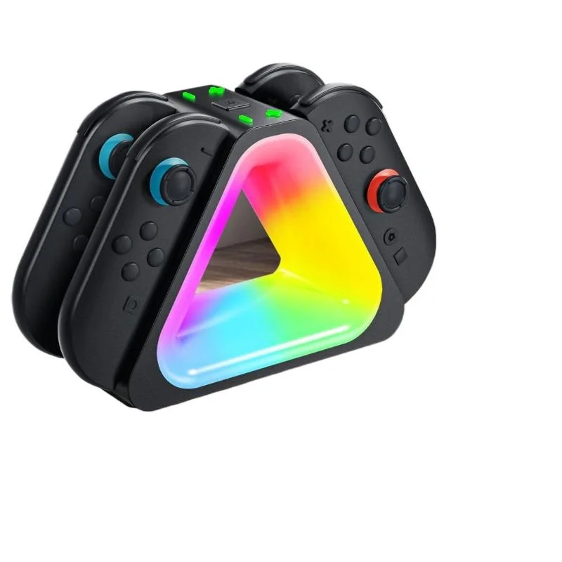 Ładowarka do 2 kontrolerów Joy-Con Switch, stacja szybkiego ładowania 4 w 1 do kontrolerów NS2, trójkątny kształt z podświetleniem RGB LED