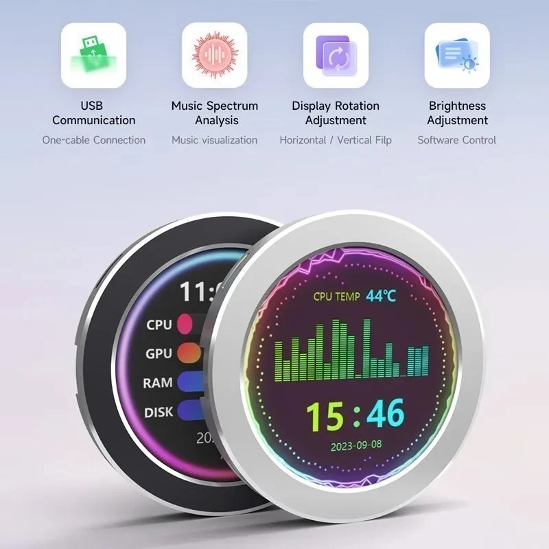 Monitor USB pendingin air 2.1/2.8 inci, layar LCD RGB CPU AIO dengan fungsi analisis spektrum musik dengan dudukan magnetik untuk PC