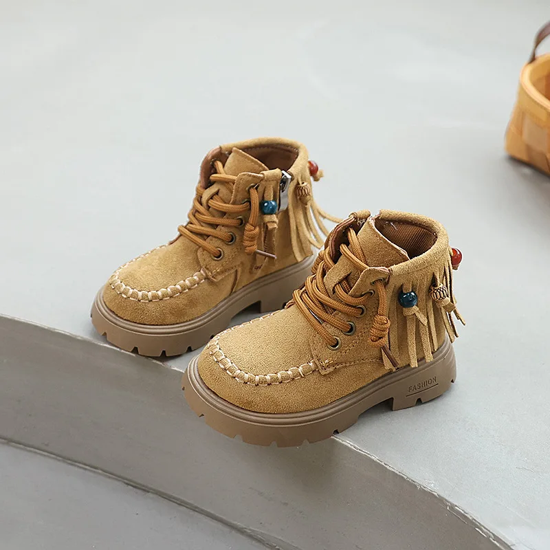 

Детские уличные короткие ботинки в стиле ретро, весенне-осенние ботильоны с кисточками для девочек, школьные модные повседневные детские кожаные ботинки на платформе