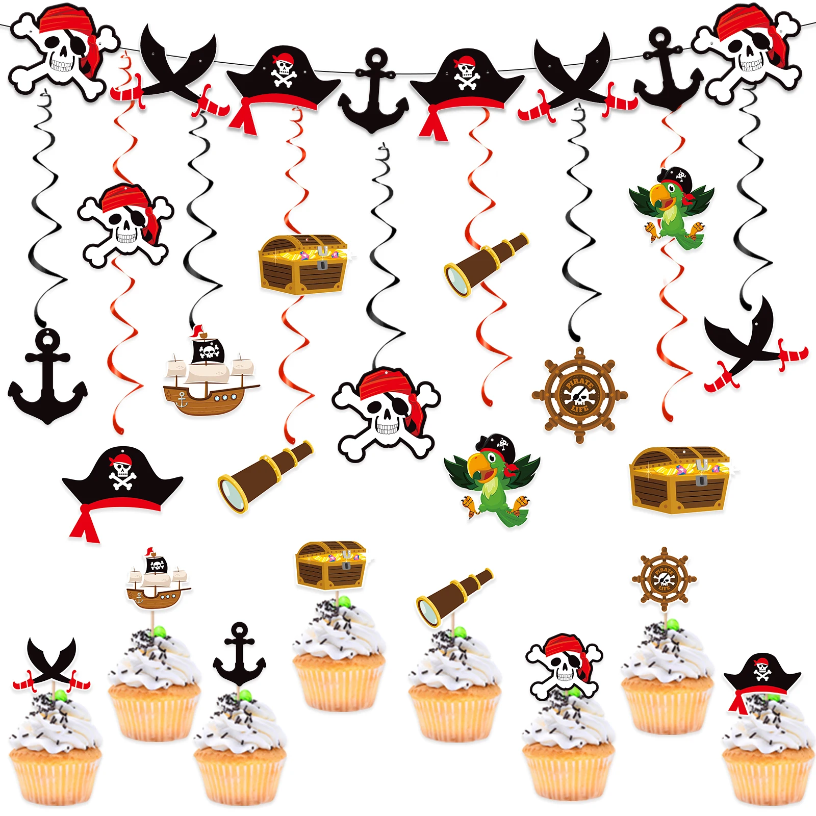 45 Pcs Pirate Party Hanging Swirls Decorations Pirate Themed Streamer Banner Cake,for Pirate Birthday Party Supplies