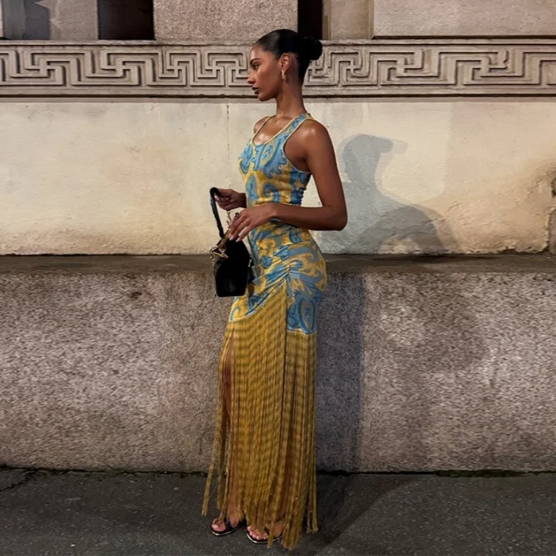 فساتين نسائية جديدة مثيرة بشراشيب كاميس بدون أكمام بطبعة زهور مفتوحة الجانب مع سحاب فستان أنيق أنيق لحفلات النساء في الصيف #6