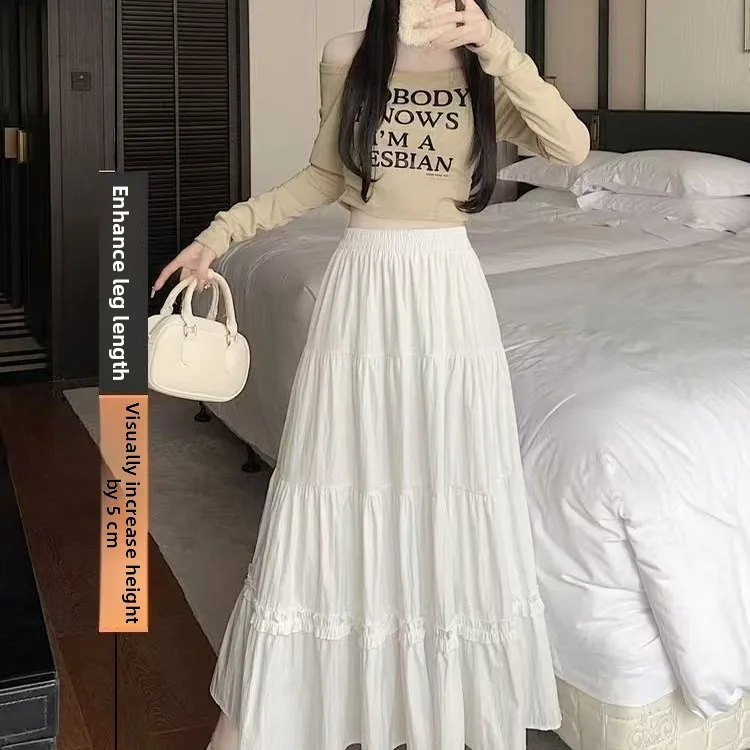 الأبيض ألف خط ميدي تنورة المرأة رقيق لطيف التخسيس العمر Defng مطوي مظلة كعكة تنورة تخفيف عالية الخصر تنورة طويلة #3