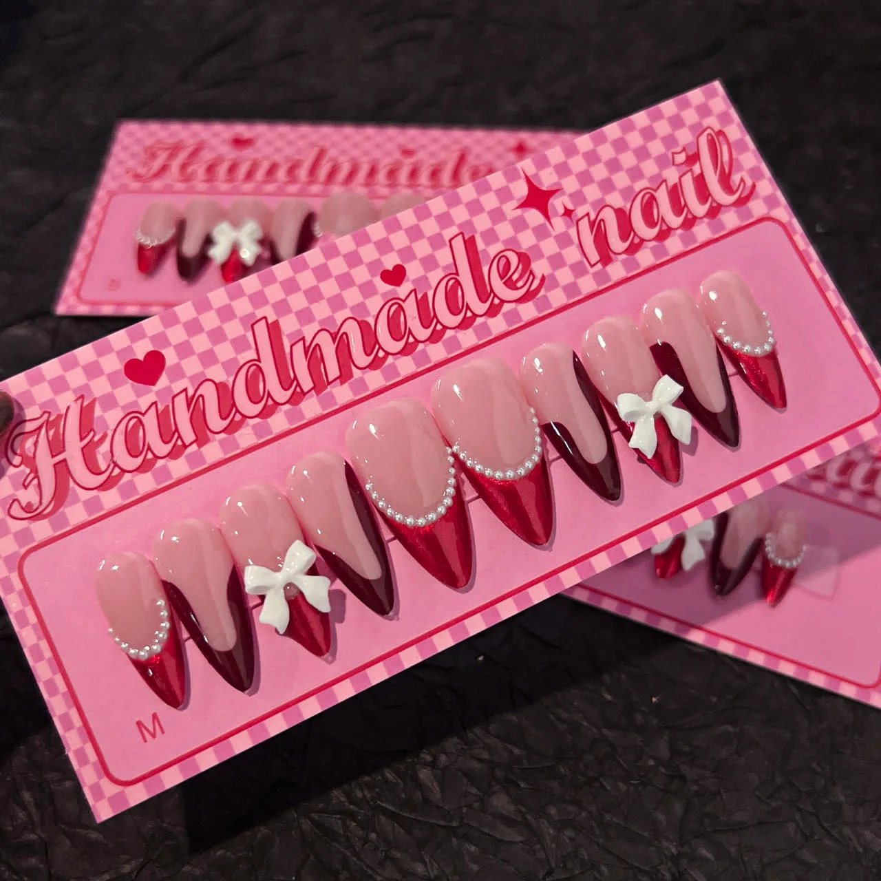 

Handmade Press on Nails White 3d Bow Design Sweet Korean Style False Nails Full Cover Wearable Red French Almond Fake Nail Tips