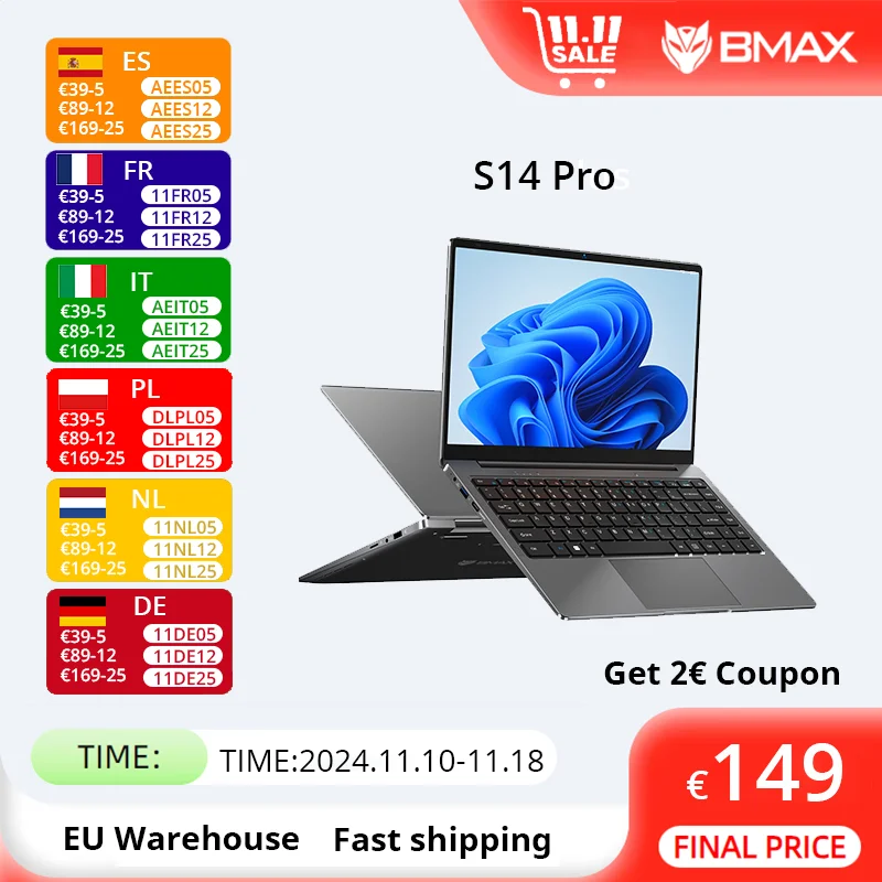 BMAX S14 Pro Intel N5000 8GB RAM 256GB SSD CPU 1920*1080 14 Inch Laptop Windows 11 Notebook Dual Wifi USB laptop PC