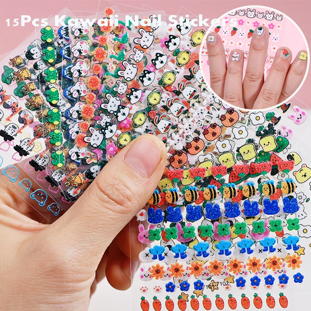 15/30Pcs Glitter Children Cartoon Nail Sticker Set 3D Kawaii Glitter Rabbit/Pig/Bee Animal Nail Decal Colorful Girl Nail Slider