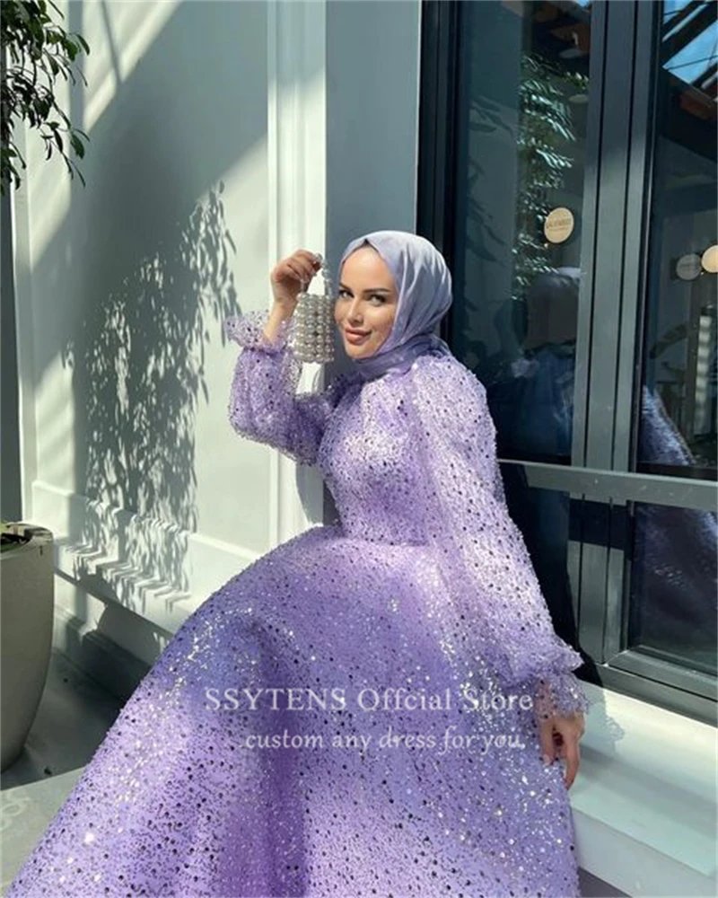 Luxury A-line Glitter Muslim Prom Dresses High-neck Long Sleeves Sequined Engagement Gown Arabic Formal Occasion Evening Dress