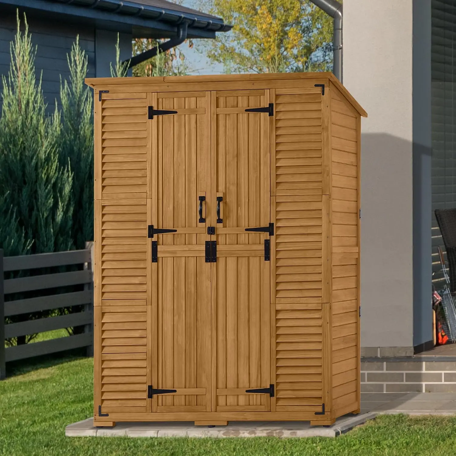 Outdoor Storage Cabinet with Shelves, Wooden Shed, Garden Tool Organizer, Weatherproof, Natural Finish, Customized - view 2