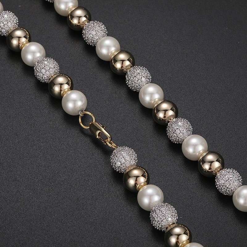 Dropshipping New Arrival Hip Hop Men Women Iced Out Gold Plated Brass Zircon 10mm Imitation Pearl Bead Chain Necklace