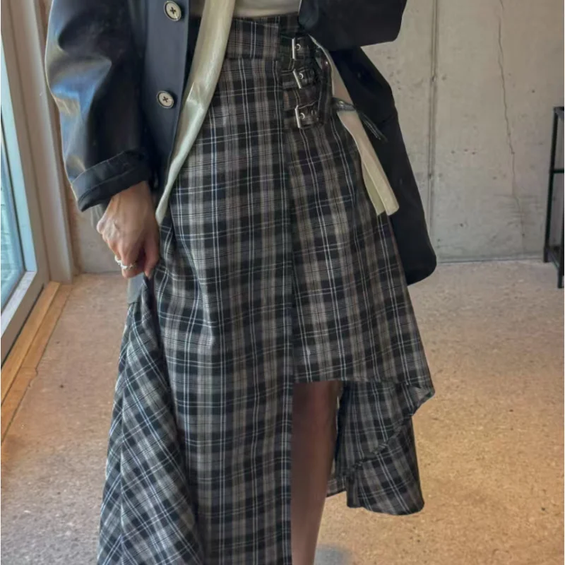 

Юбка-миди трапециевидной формы с высокой талией, женская шикарная универсальная свободная юбка на пуговицах в клетку с асимметричным подолом для похудения