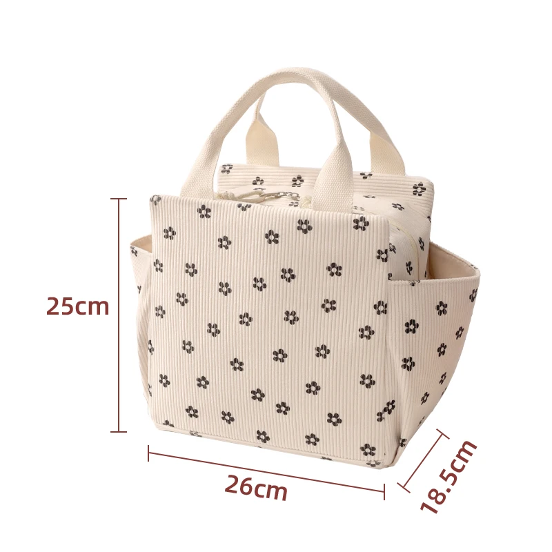 Corduroy Lunch Bag Thermal Insulation Lunch Box Storage Handbag Multifunctional Kid School Cooler Bag Picnic FoodPouch