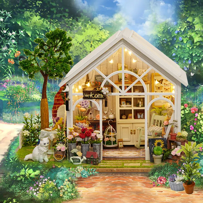 DIY Wooden Sunshine Greenhouse Cottage Figurines Miniatures Kits Assembled Houses Casa Friends Birthday Gifts Home Decor Crafts