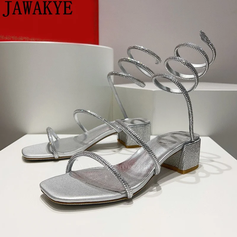 Classic Hot Sale Rhinestone Square Heels Sandals Women Sexy Spiral Strap Luxury Designer Sandals Summer Casual Beach Sandals