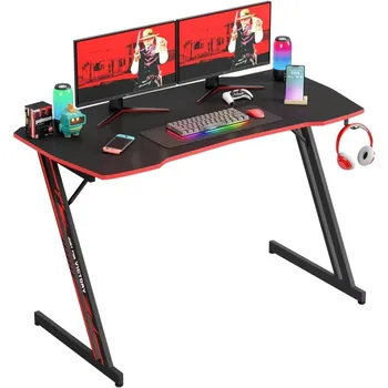 Image Modern Z-Shaped Gaming Desk Computer Desk for Home Office with Headphone Hook - Sturdy Workstation Table with Spacious Desktop