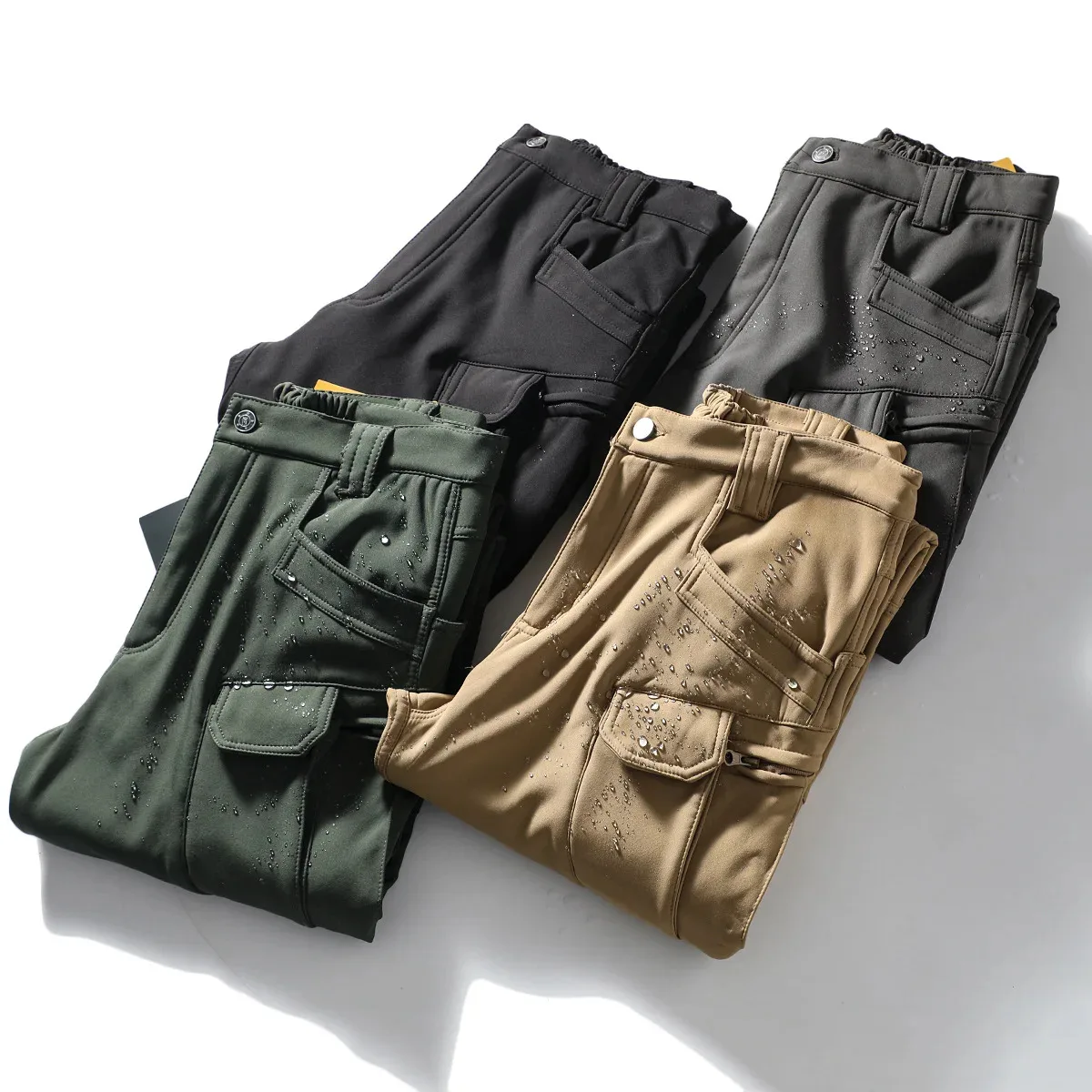 Winter Outdoor Wear-Resistant Knee Double Layered Thickened Soft Shell Fleece Insulation Waterproof Multi Pocket Tactical Pants