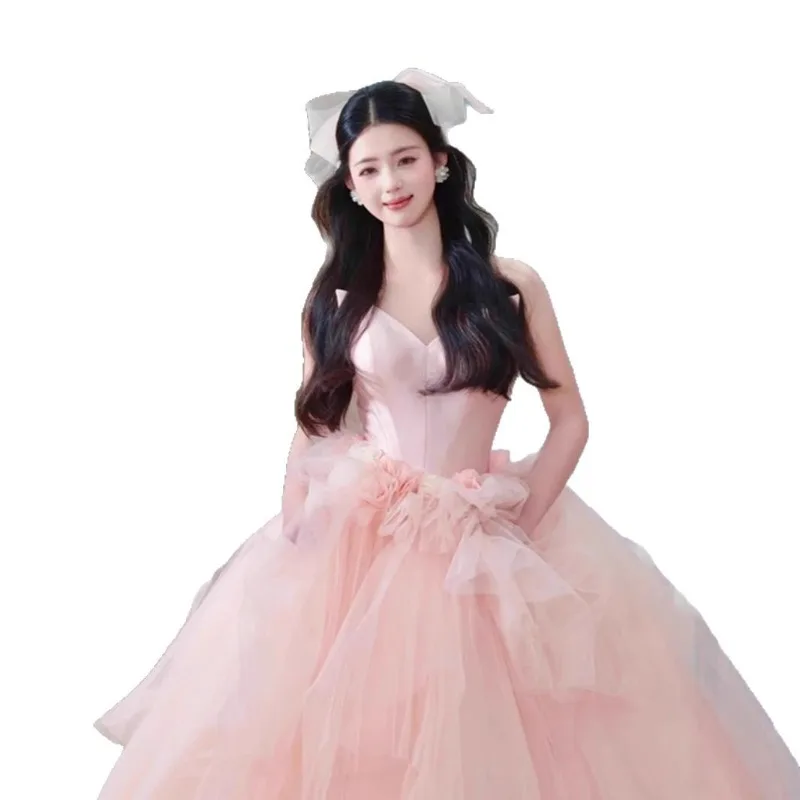 Evening Gown, Rose Fluffy Skirt, Princess, Bride, Wedding Toast, Morning Gown, Art Exam, Coming of Age Ceremony, Strapless Dress