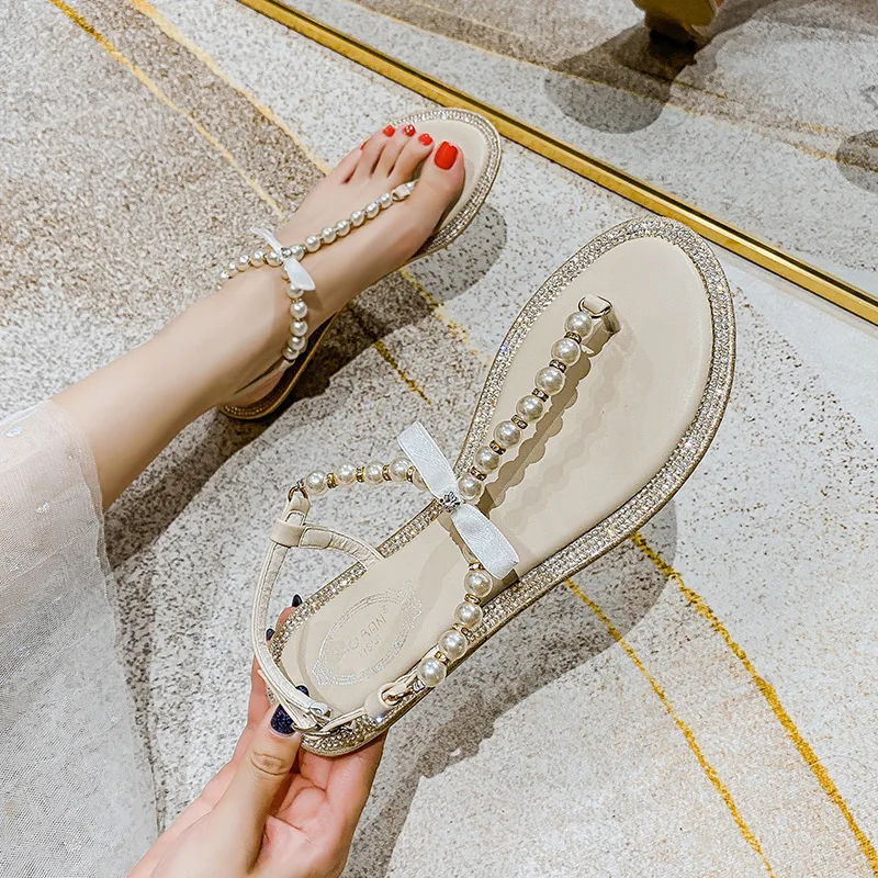 Plus size 42 43 women fashion pearls T-strap sandals flip flop beach shoes sweat ladies summer shoes wedding shoes flats sandals