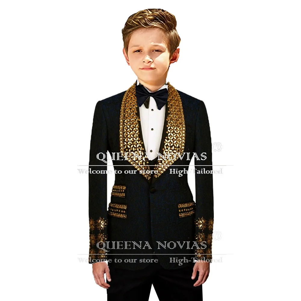 Luxury Boys' Attire Suits Gold Gemstone Children Formal Party Tuxedo Tailor-made Kids Jacquard Wedding Party Dress 3 Pieces Set