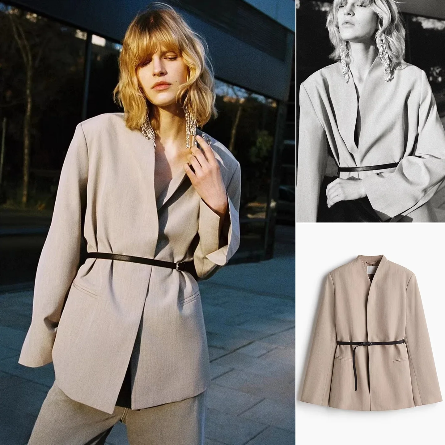 

Весенний новый женский повседневный костюм с поясом, утепленный, нейтральный стиль, длинный рукав, из полиэфирного волокна, подходит для работы