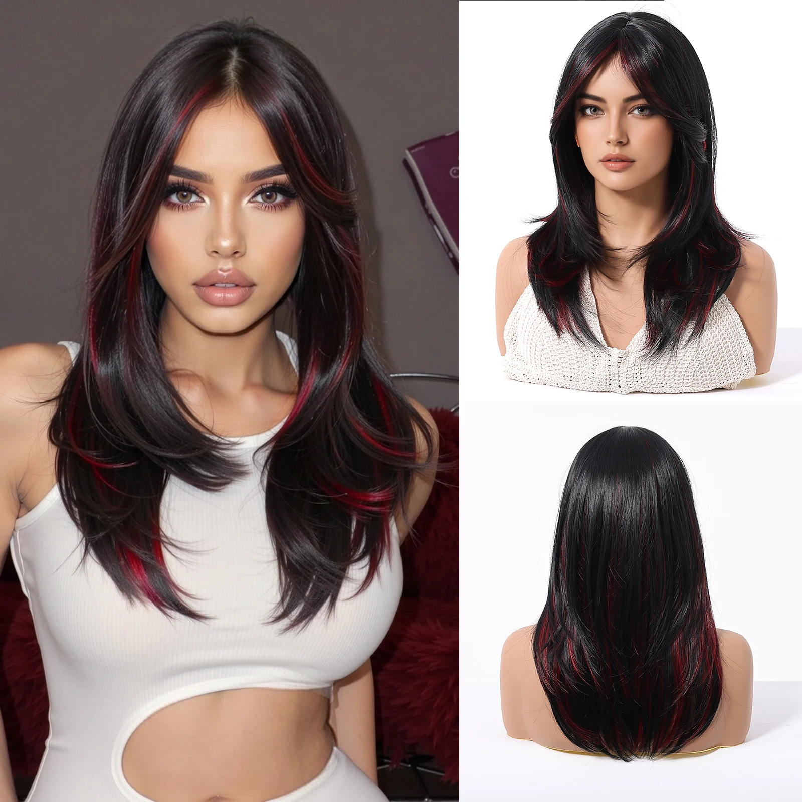 Black Red Highlight Wigs For Women Medium Part Halloween Wig Medium Length Layered Synthetic Fake Hair For Women Daily Cosplay